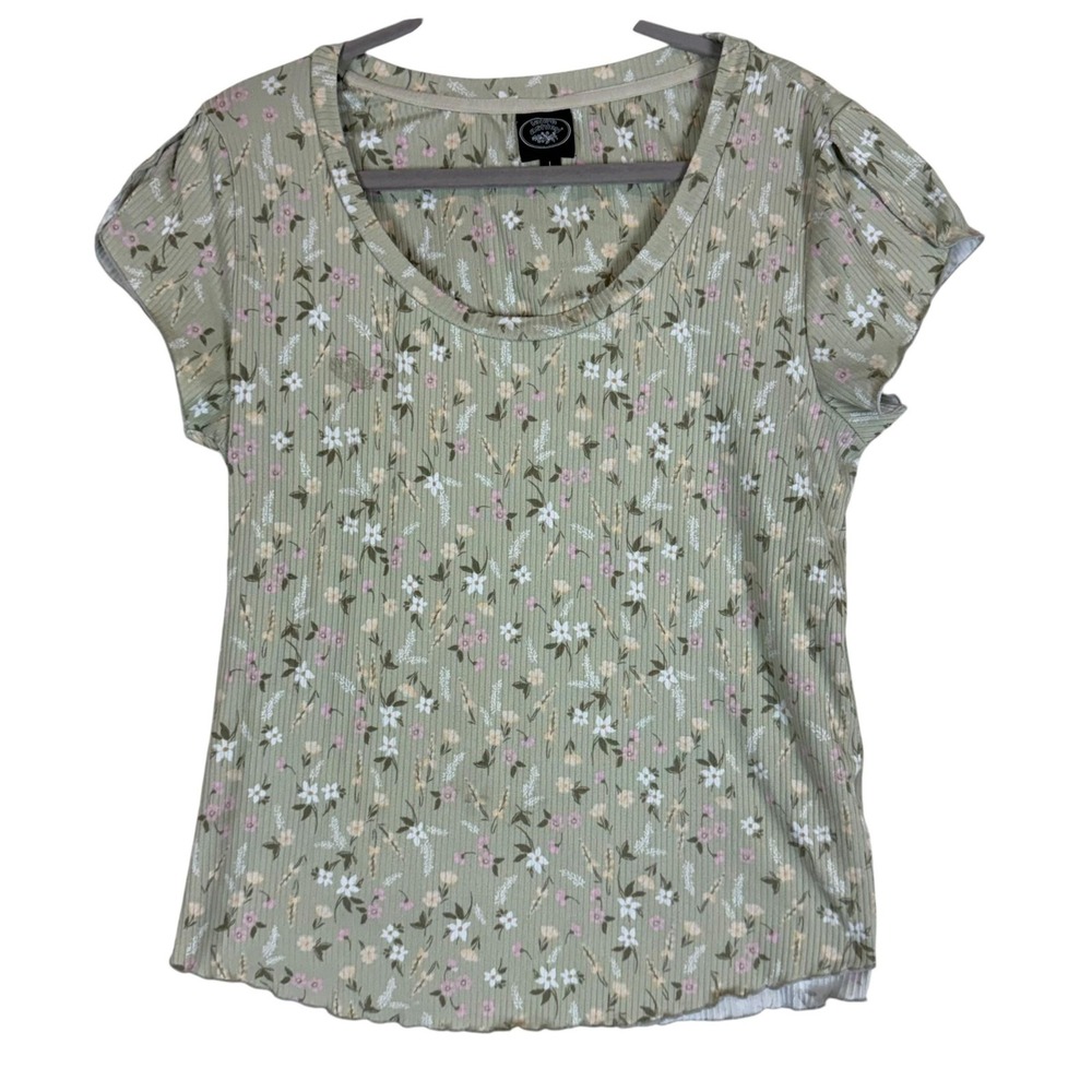 Laura Ashley Shirt Womens Large Green Floral Scoop Neck Ruffle Short Sleeve